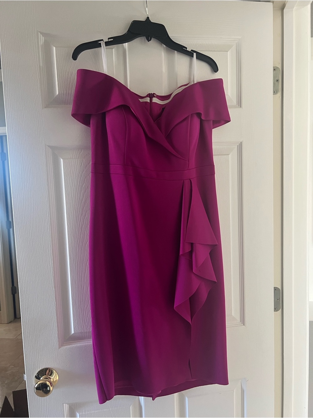 Xscape One-Shoulder Ruffle Dress in Fuchsia